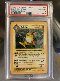1999 Pokemon Raichu Shadowless Holo Base Set 14/102 PSA 8 - Image 1