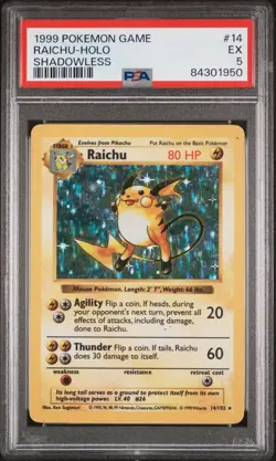 Pokemon Raichu Holo 14/102 - Shadowless Base Set PSA 5 !! - Image 1