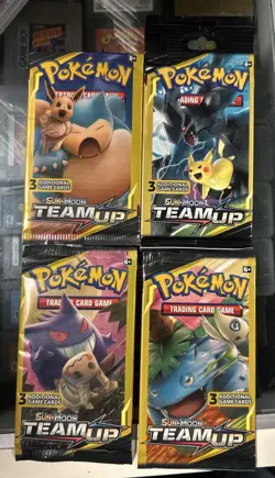 Pokemon Sun & Moon Team Up 3 Card Mini Booster Packs Complete Pack Art Set - Image 1