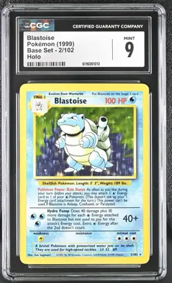 Blastoise 2/102 Holo CGC 9 MINT 1999 Base Set Unlimited Pokemon Card - Image 1