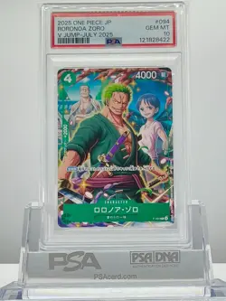 PSA 10 RORONOA ZORO P-094 2025 ONE PIECE CARD JAPANESE V JUMP-JULY Promo - Image 1