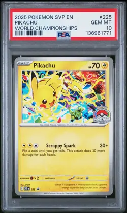 2025 POKEMON SVP EN-SV BLACK STAR PROMO WORLD CHAMPIONSHIPS #225 PIKACHU PSA 10 - Image 1