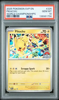 2025 POKEMON SVP EN-SV BLACK STAR PROMO WORLD CHAMPIONSHIPS #225 PIKACHU PSA 10 - Image 1