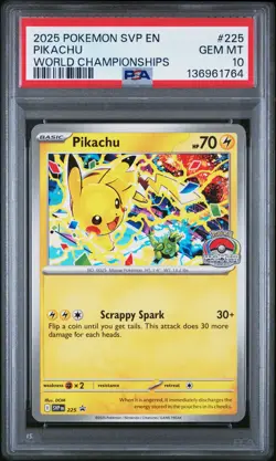 2025 POKEMON SVP EN-SV BLACK STAR PROMO WORLD CHAMPIONSHIPS #225 PIKACHU PSA 10 - Image 1
