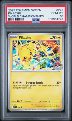 2025 POKEMON SVP EN-SV BLACK STAR PROMO WORLD CHAMPIONSHIPS #225 PIKACHU PSA 10 - Image 1