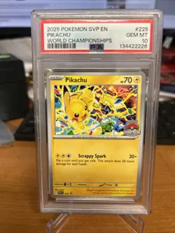 2025 POKEMON SVP EN-SV BLACK STAR PROMO WORLD CHAMPIONSHIPS #225 PIKACHU PSA 10 - Image 1