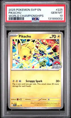 2025 POKEMON SVP EN-SV BLACK STAR PROMO WORLD CHAMPIONSHIPS #225 PIKACHU PSA 10 - Image 1