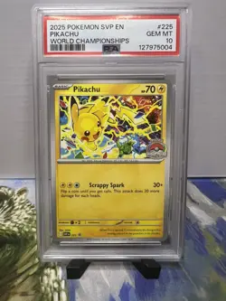 2025 POKEMON SVP EN-SV BLACK STAR PROMO WORLD CHAMPIONSHIPS #225 PIKACHU PSA 10 - Image 1