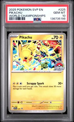 2025 POKEMON SVP EN-SV BLACK STAR PROMO WORLD CHAMPIONSHIPS #225 PIKACHU PSA 10 - Image 1