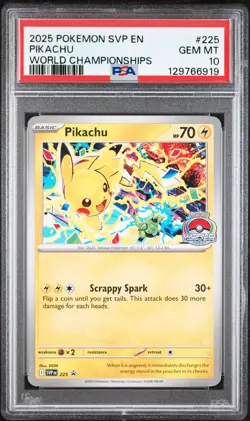 2025 POKEMON SVP EN-SV BLACK STAR PROMO WORLD CHAMPIONSHIPS #225 PIKACHU PSA 10 - Image 1