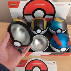 Empty Pokemon Poke Ball Tin Lot Of 6 and display stand box. - Image 2