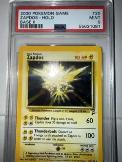 Pokemon Zapdos Card 20/130 Holo Rare Base Set 2 Unlimited TCG Vintage WOTC PSA 9 - Image 1