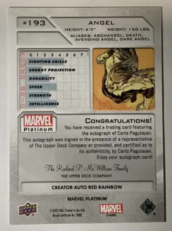 2023 Upper Deck Marvel Platinum #193 ANGEL 🪽 CREATOR AUTO RED RAINBOW - Image 2