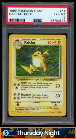 1999 POKEMON UNLIMITED #14/102 RAICHU RARE HOLO PSA 6 - Image 1