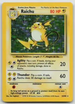 Pokemon TCG Raichu 14/102 Base Set Holo Rare Unlimited 1999 WOTC LP - Image 1