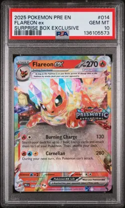 2025 POKEMON PRE EN-PRISMATIC EVOLUTIONS #014 FLAREON EX SURPRISE BOX PSA 10 - Image 1