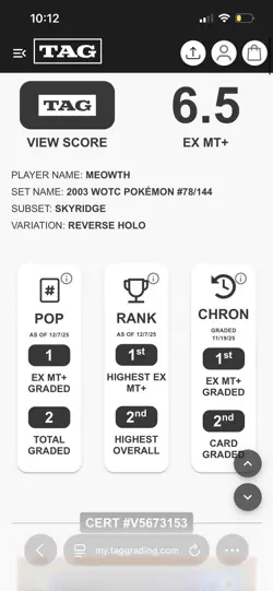Meowth 2003 WOTC Pokemon Skyridge 78/144 Reverse Holo TAG 🏷 graded 🔥 - Image 5