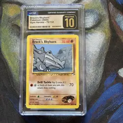 CGC 10 Pristine Brock's Rhyhorn No. 111 Gym Heroes English Pokemon Card - Image 1