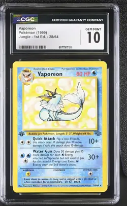 CGC 10 GEM MINT Vaporeon Jungle 1st Edition 28/64 Non Holo Rare Pokemon Card - Image 1