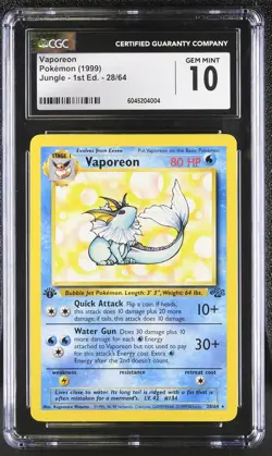 CGC 10 GEM MINT Vaporeon 1999 Jungle 1st Edition 28/64 Pokemon Card - Image 1