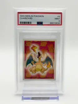 PSA 9 MINT 1999 Merlin Pokemon Charizard Sticker #6 Slab Low Pop 65 - Image 1