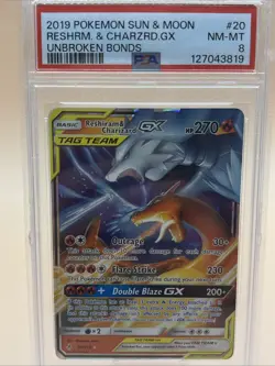 PSA 8 Reshiram & Charizard GX 2019 Pokemon Sun & Moon Unbroken Bonds Holo #20 NM - Image 1