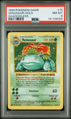 1999 POKEMON GAME SHADOWLESS #15 VENUSAUR-HOLO PSA 8 - Image 1