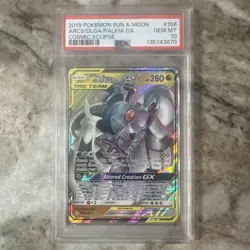 2019 POKEMON SUN & MOON COSMIC ECLIPSE #156 ARCEUS & DIALGA & PALKIA GX PSA 10 - Image 1