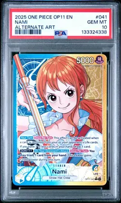2025 ONE PIECE OP11-A FIST OF DIVINE SPEED ALT ART LEADER #041 NAMI PSA 10 - Image 1