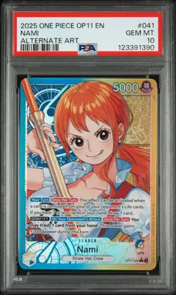 2025 ONE PIECE OP11-A FIST OF DIVINE SPEED ALT ART LEADER #041 NAMI PSA 10 - Image 1