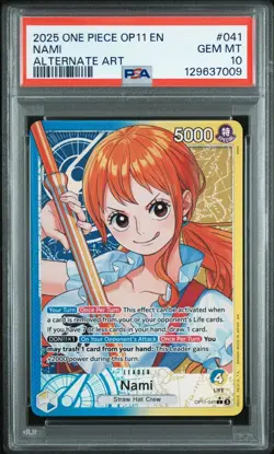2025 ONE PIECE OP11-A FIST OF DIVINE SPEED ALT ART LEADER #041 NAMI PSA 10 - Image 1