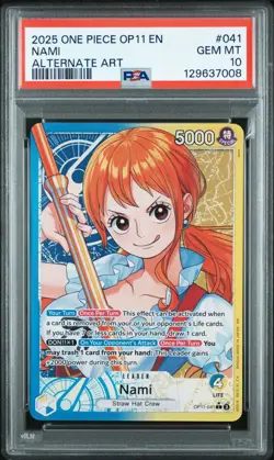 2025 ONE PIECE OP11-A FIST OF DIVINE SPEED ALT ART LEADER #041 NAMI PSA 10 - Image 1