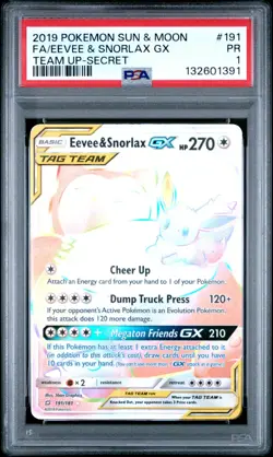 PSA 1 2019 Pokemon SM Team Up Full Art Eevee & Snorlax Tag Team GX 191/181 - Image 1