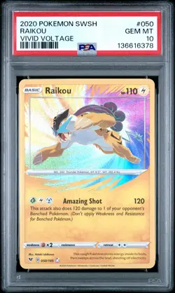 2020 POKEMON SWORD & SHIELD VIVID VOLTAGE #050 RAIKOU PSA 10 - Image 1