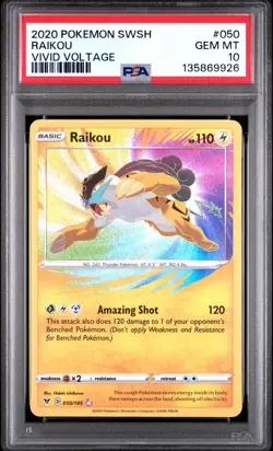 PSA 10 RAIKOU AMAZING RARE #050 2020 POKEMON SWORD & SHIELD VIVID VOLTAGE GEM - Image 1