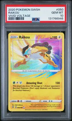 2020 POKEMON SWORD & SHIELD VIVID VOLTAGE #050 RAIKOU PSA 10 - Image 1