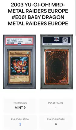 2002 YU-GI-OH! MRD-METAL RAIDERS 1ST ED #E061 BABY DRAGON PSA 9 POP 1 - Image 1