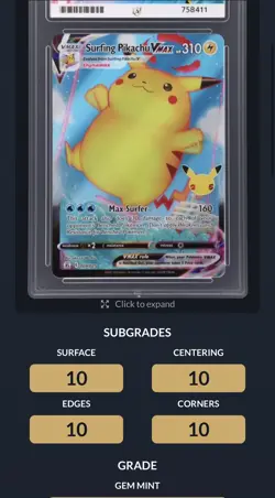 Surfing Pikachu Vmax 009/025 Celebrations ACE 10 Pokemon tcg perfect subgrades - Image 2