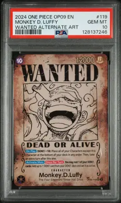 One Piece CCG Monkey.D.Luffy Wanted Alternate Art OP05-119 PSA 10 Gem Mint - Image 1