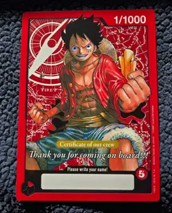 One Piece Luffy Promo Crew Certificate Jumbo Oversized Card 1/1000 - Image 1