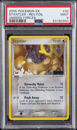 2005 POKEMON EX UNSEEN FORCES #32 STANTLER-REVERSE FOIL PSA 9 - Image 1