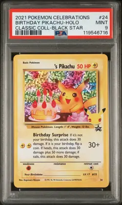 PIKACHU #24 BLACK STAR PROMO BIRTHDAY HOLO 2021 POKEMON CELEBRATIONS PSA 9 MINT - Image 1