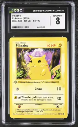 CGC 8 Pikachu 1999 Base Set 1st Edition Shadowless 58/102 Pokemon Card - Image 1