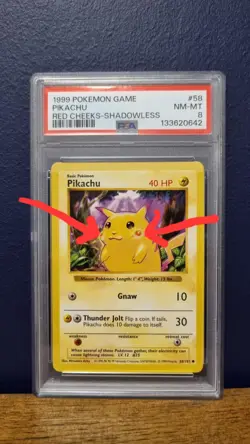 RED CHEEKS SHADOWLESS PSA 8 NM-MT Pikachu 58/102 Base Set Pokemon Card WOTC 1999 - Image 1