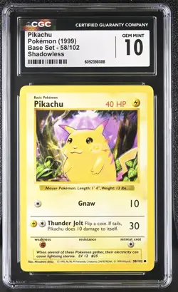 CGC 10 GEM MINT Pikachu 1999 Base Set 58/102 Shadowless Pokemon Card - Image 1