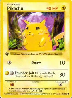 Pikachu 1st Edition Shadowless 58/102 Base Set 1999 Pokemon TCG Card MP - Image 1