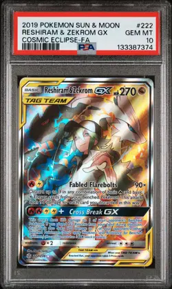 2019 POKEMON SUN & MOON COSMIC ECLIPSE #222 FULL ART/RESHIRAM & ZEKROM GX PSA 10 - Image 1