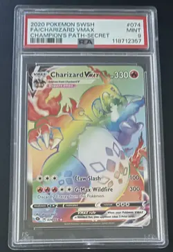 2020 Pokemon SWSH Champion’s Path Charizard VMAX SECRET RARE CARD 074/073 PSA 9 - Image 1