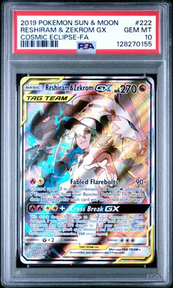 2019 POKEMON SUN & MOON COSMIC ECLIPSE #222 FULL ART/RESHIRAM & ZEKROM GX PSA 10 - Image 1