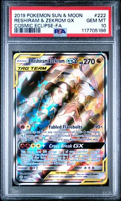 2019 POKEMON SUN & MOON COSMIC ECLIPSE #222 FULL ART/RESHIRAM & ZEKROM GX PSA 10 - Image 1